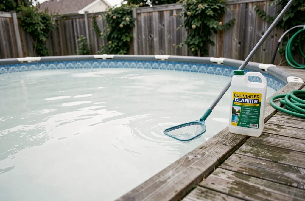Piscine hors-sol avec eau laiteuse et flacon de clarifiant posé sur le rebord
