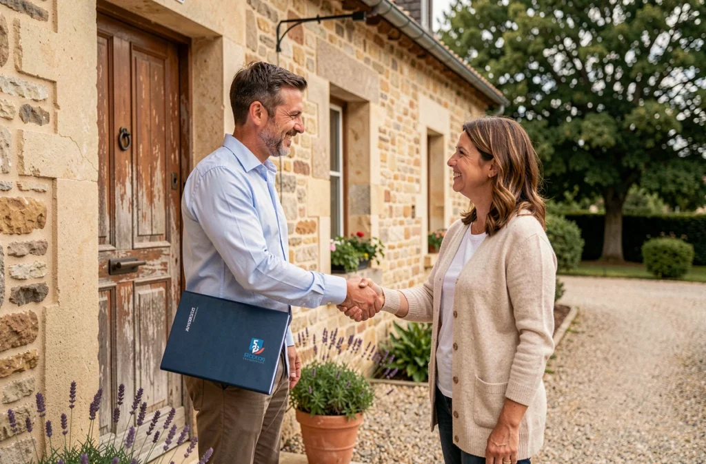 Chef de projet rénovation serrant la main d'une propriétaire lors d'un premier rendez-vous devant une maison en pierre du Limousin