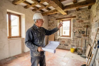 Entrepreneur en bâtiment examinant des plans dans une maison en cours de rénovation en Haute-Vienne, avec poutres apparentes et murs en pierre