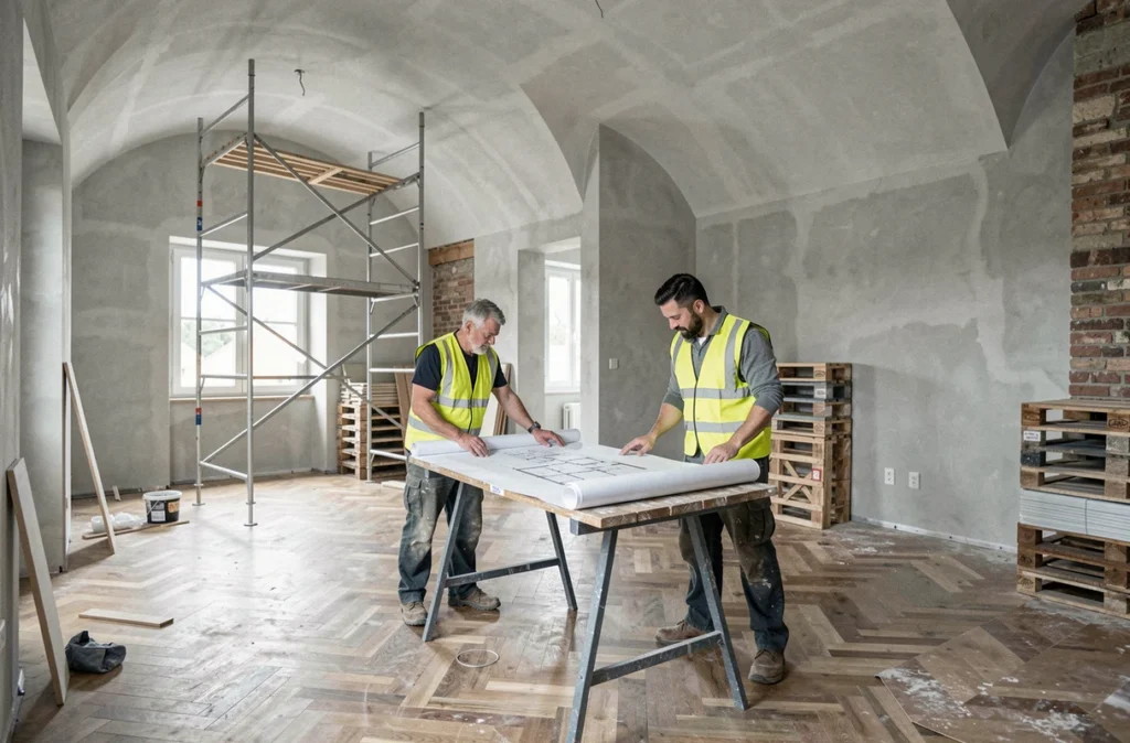 Chantier de rénovation intérieure SCAB Bâtiment dans le Grand Est avec pose de parquet, murs enduits et deux spécialistes examinant des plans architecturaux