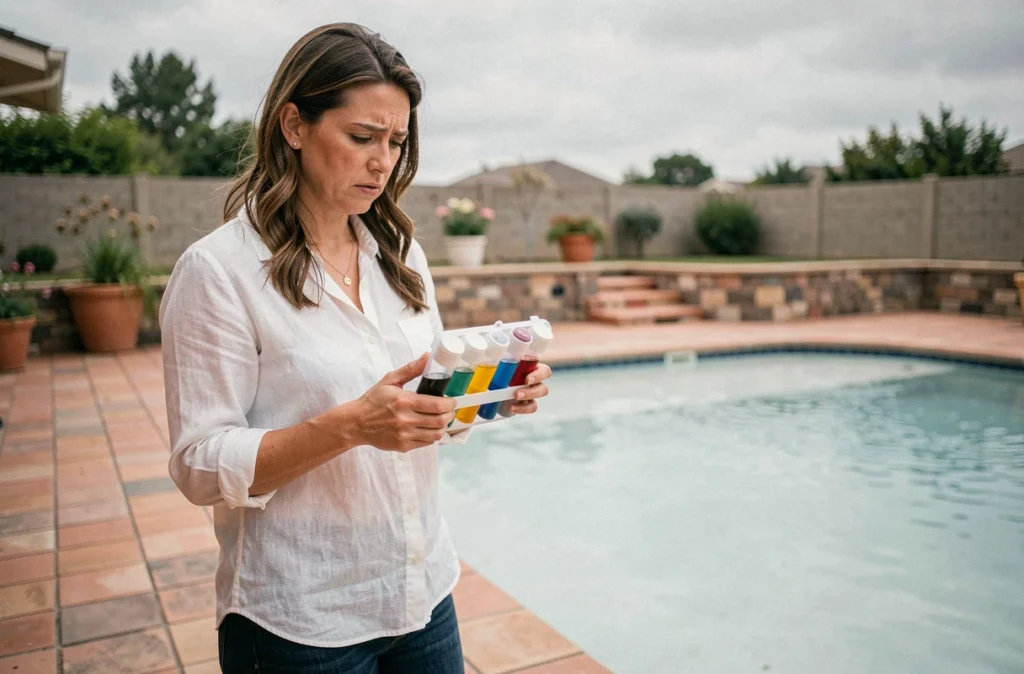 Femme testant la qualité de l'eau trouble d'une piscine avec un kit d'analyse