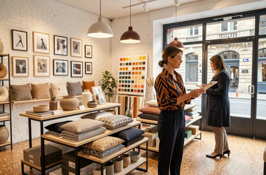 Boutique Tête d'Affiche à Metz avec accessoires décoratifs, luminaires design et décoratrice conseillant une cliente sur des échantillons de tissus