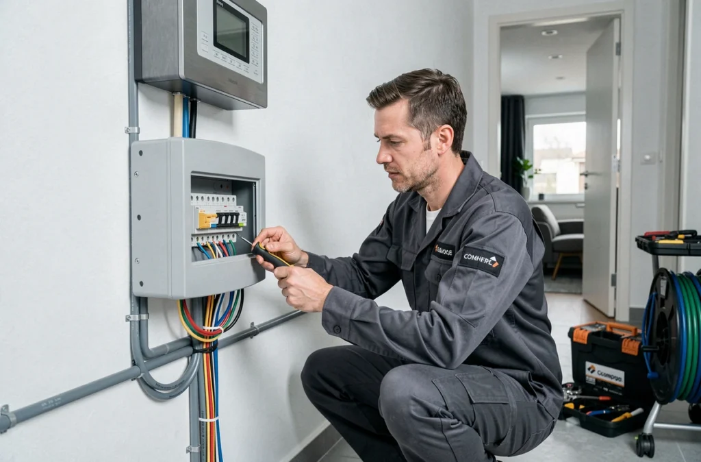 Électricien qualifié connectant un tableau électrique et un système de sécurité dans une maison rénovée près de Limoges