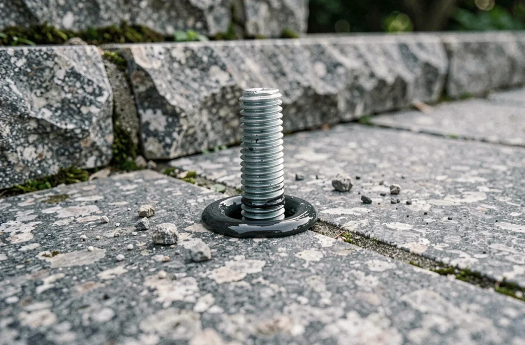 Cheville chimique installée dans un mur en granit naturel, résine époxy débordant légèrement autour de l'ancrage fileté, fixation solide sans endommager la pierre