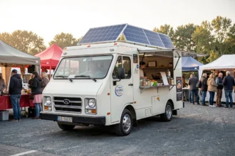 Food truck stationné sur une place de marché, avec panneaux solaires sur le toit