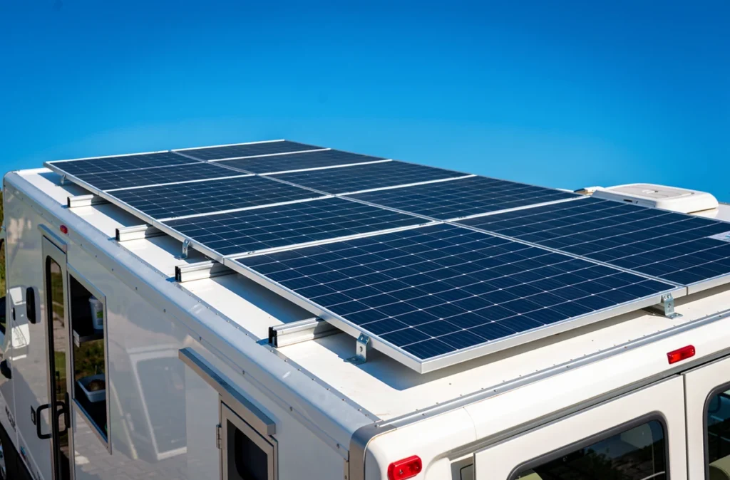 Panneaux solaires posés sur le toit d'un camion de restauration