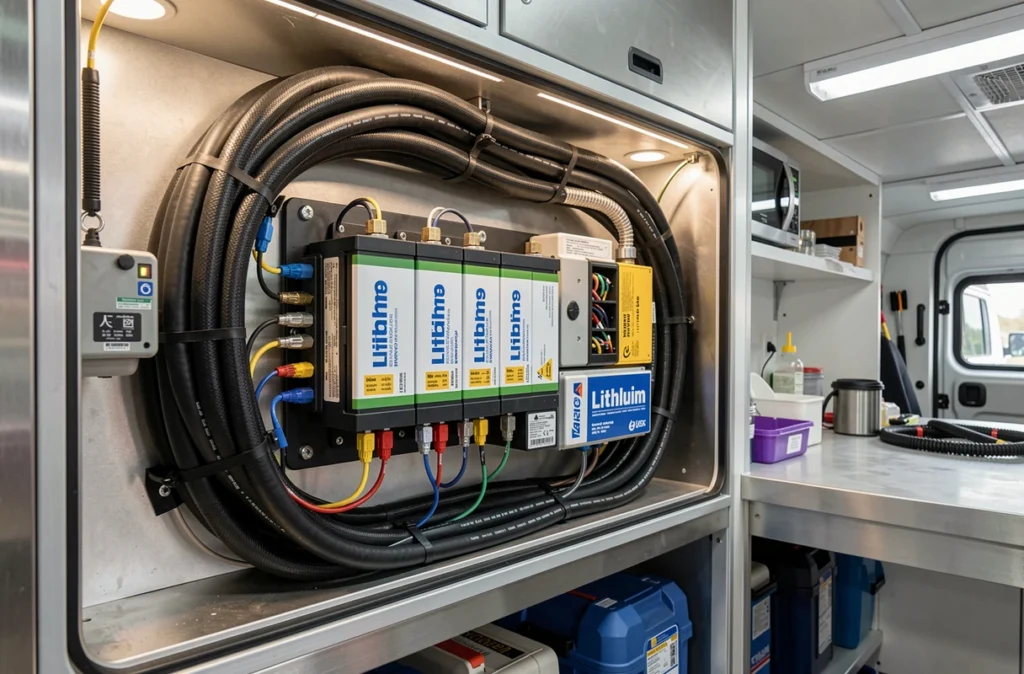 Parc de batteries lithium fixé dans un coffre technique de food truck