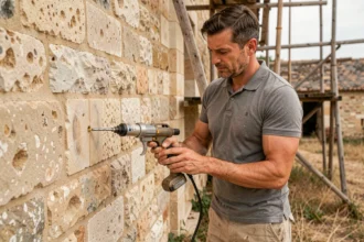 Artisan injectant une résine de scellement chimique dans un mur en pierre calcaire naturelle avec un pistolet à cartouche, technique de fixation préservant le support